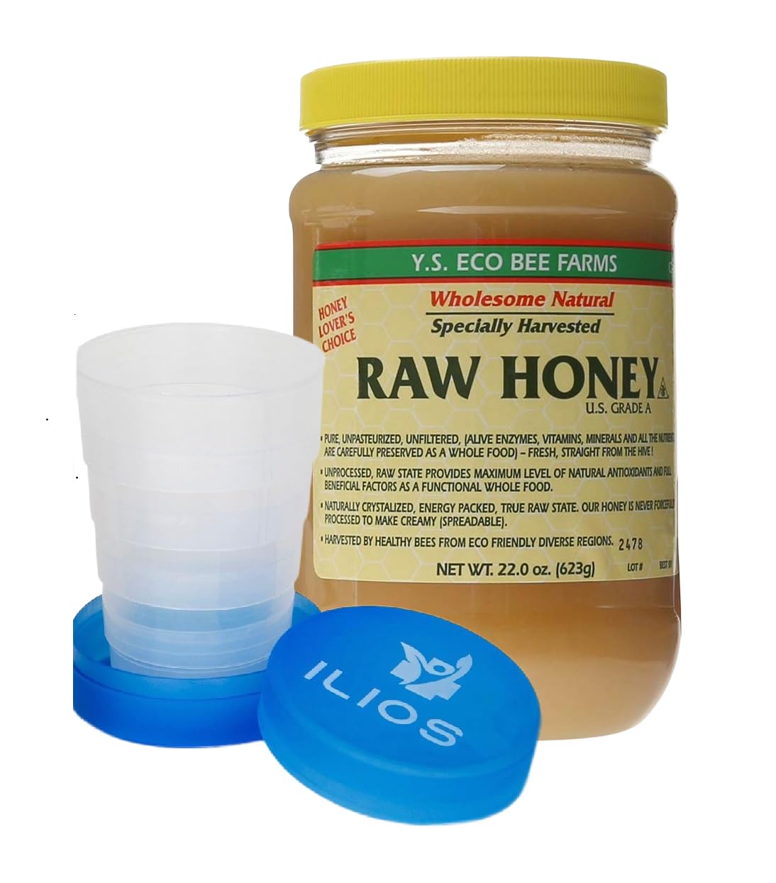 ILIOS raw honey jar reveals amber color and unfiltered quality for everyday use.