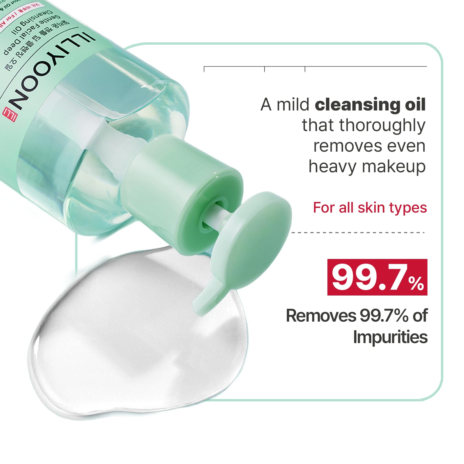 Makeup removal action with emulsification leaving skin clean and hydrated.