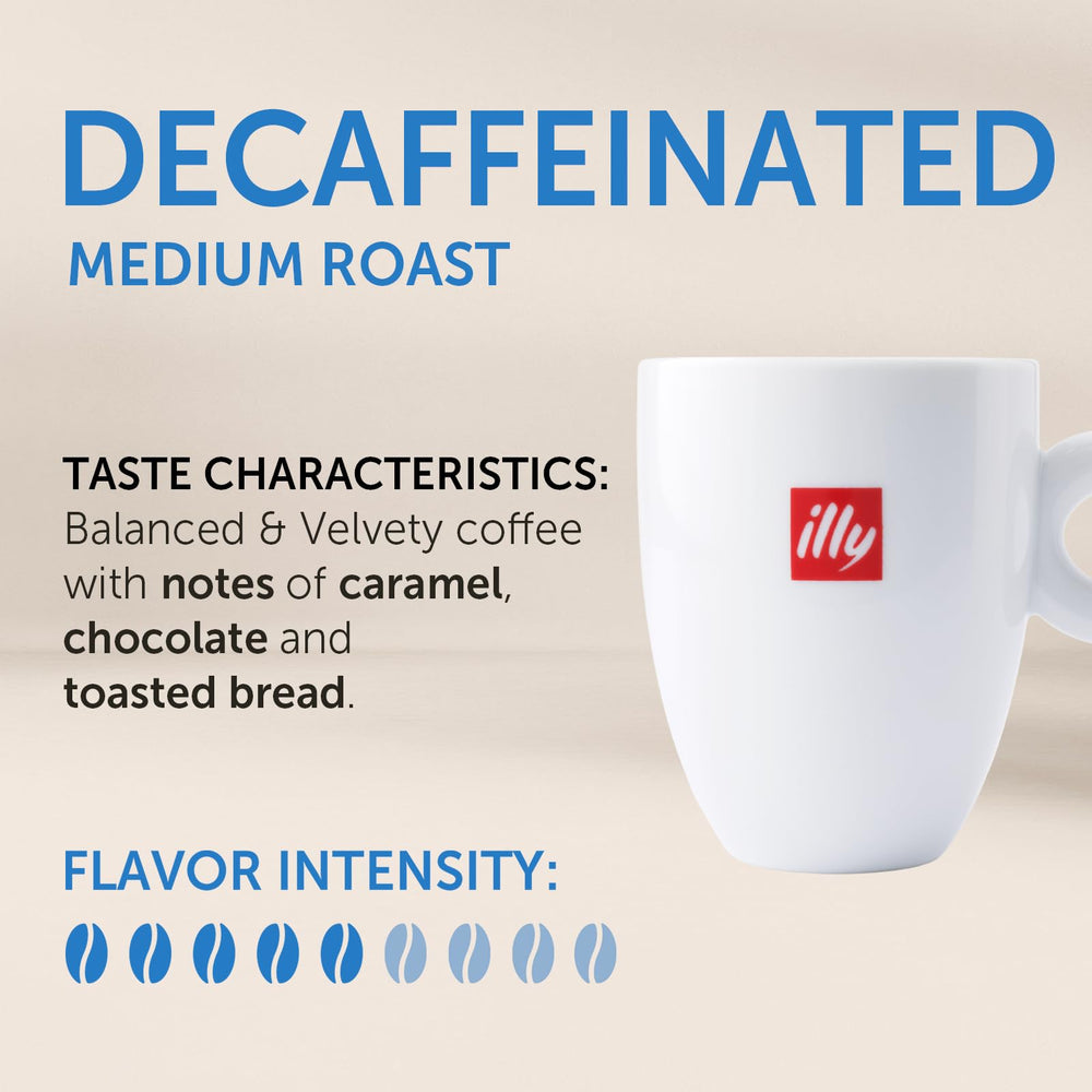 illy Classico Decaf with caramel notes offering a mild, balanced flavor.