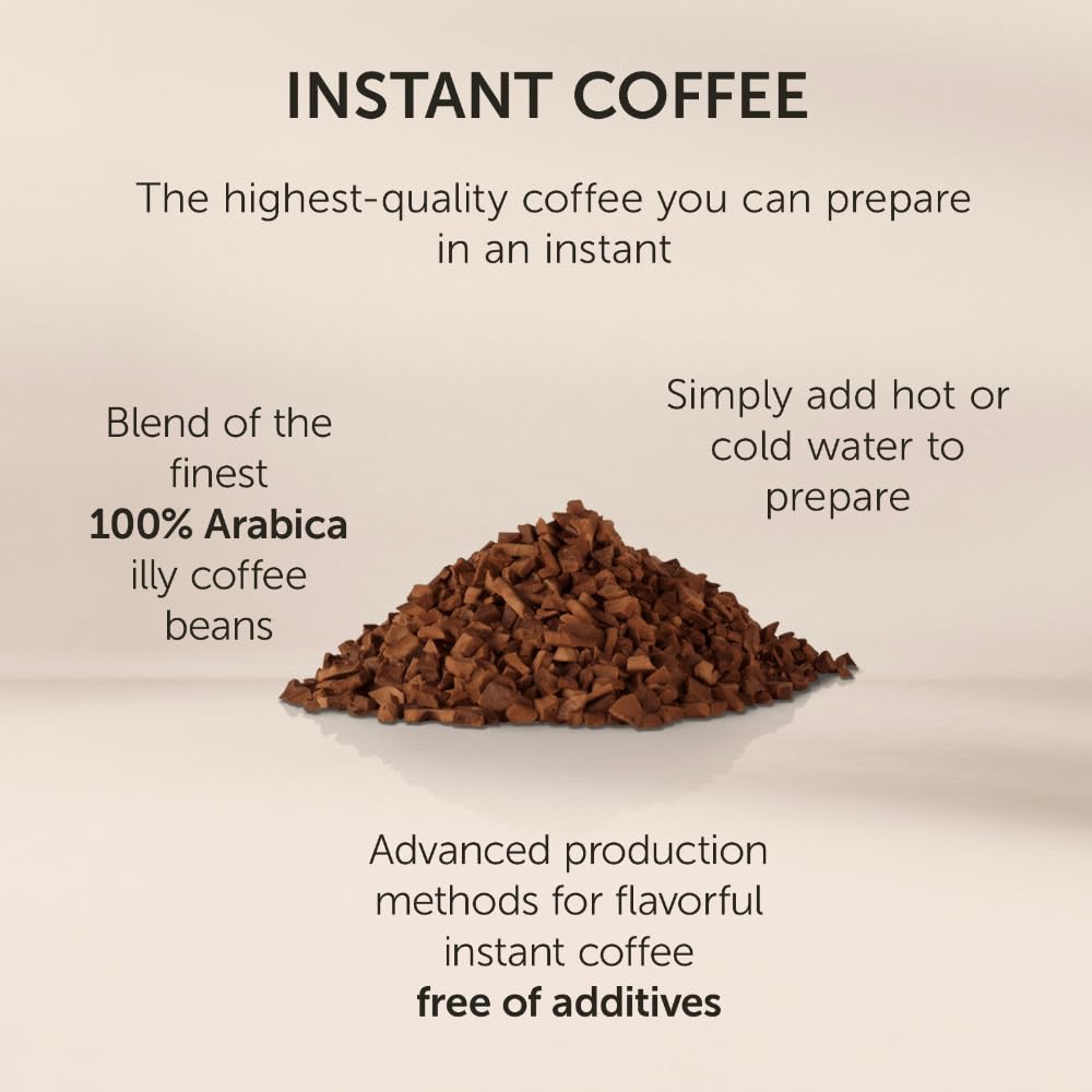 Illy instant coffee features premium Arabica beans selected for quality.