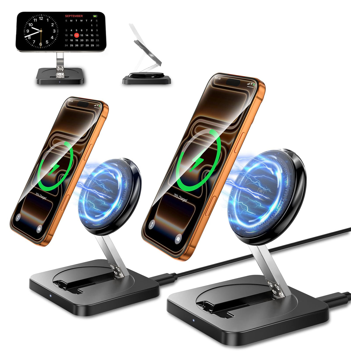 ILOUYU magnetic wireless charger stand 2-pack front view for organized charging at home or office.