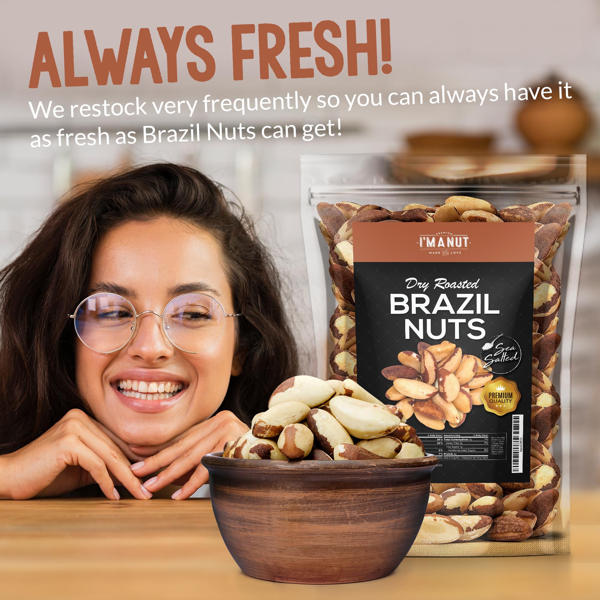 I'm A Nut dry roasted salted Brazil nuts, ideal for baking and smoothies.