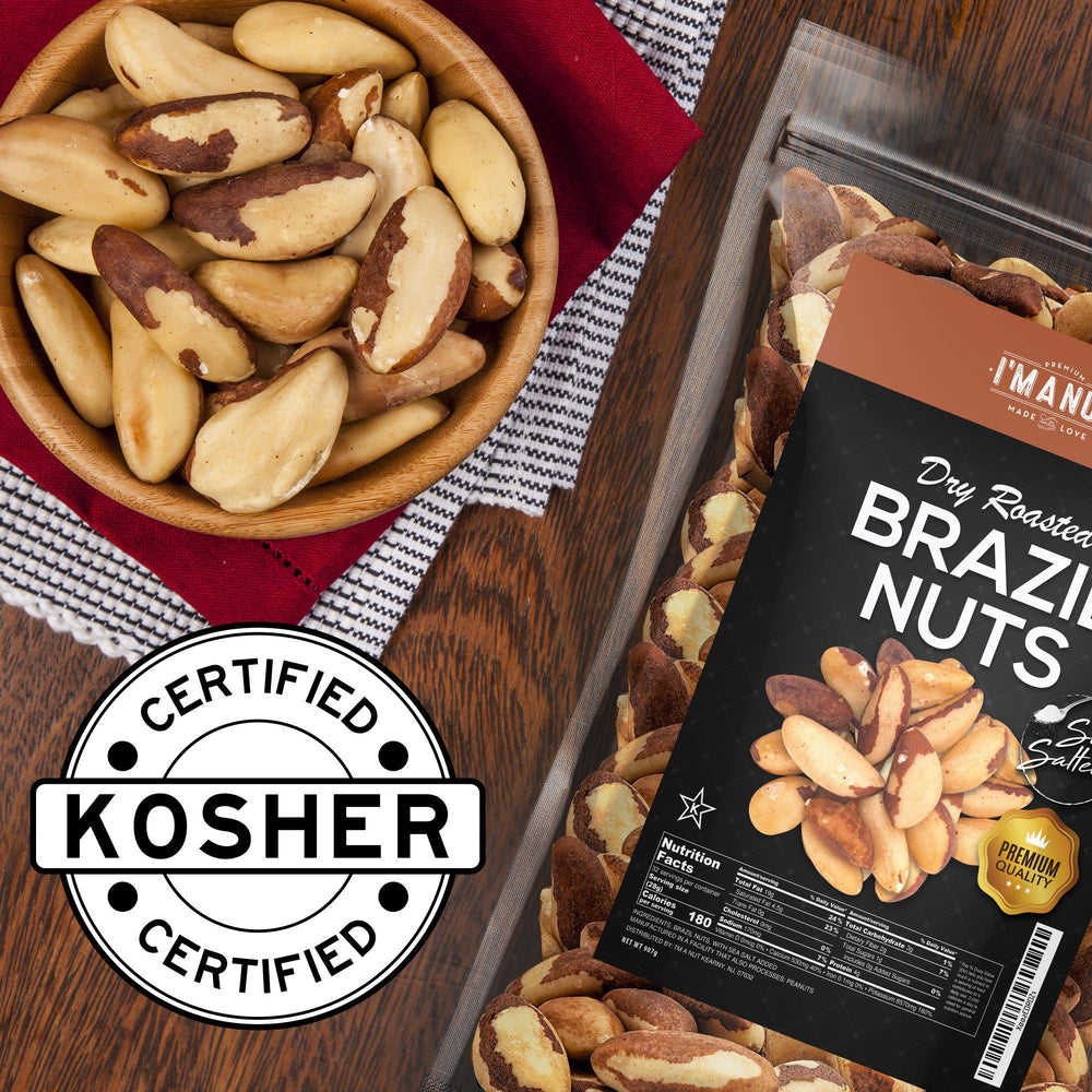 I'm A Nut Kosher and Non-GMO Brazil nuts nutrition label, suitable for mindful diets.