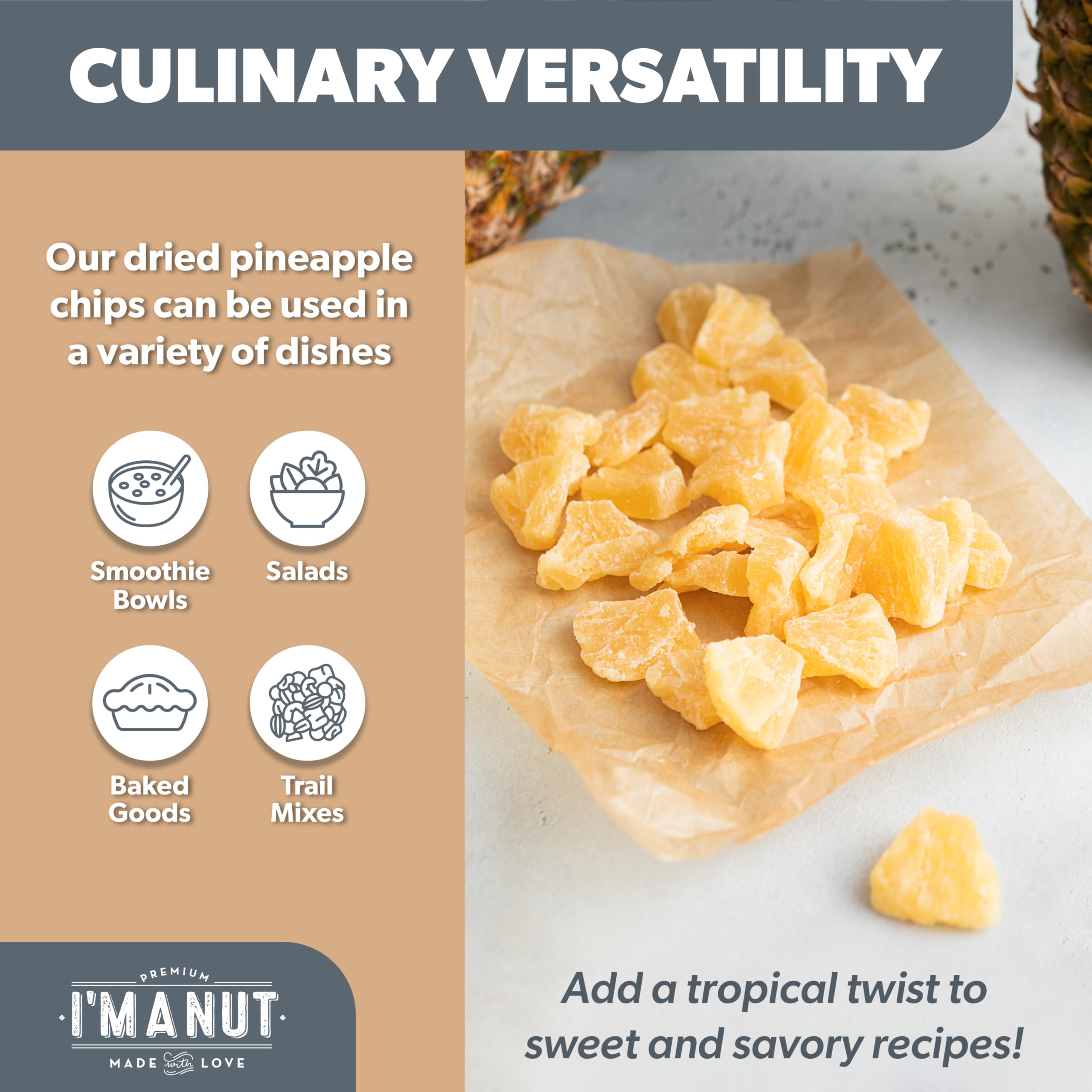 I'm A Nut pineapple chunks in bowl, fresh tropical aroma elevating snack time.