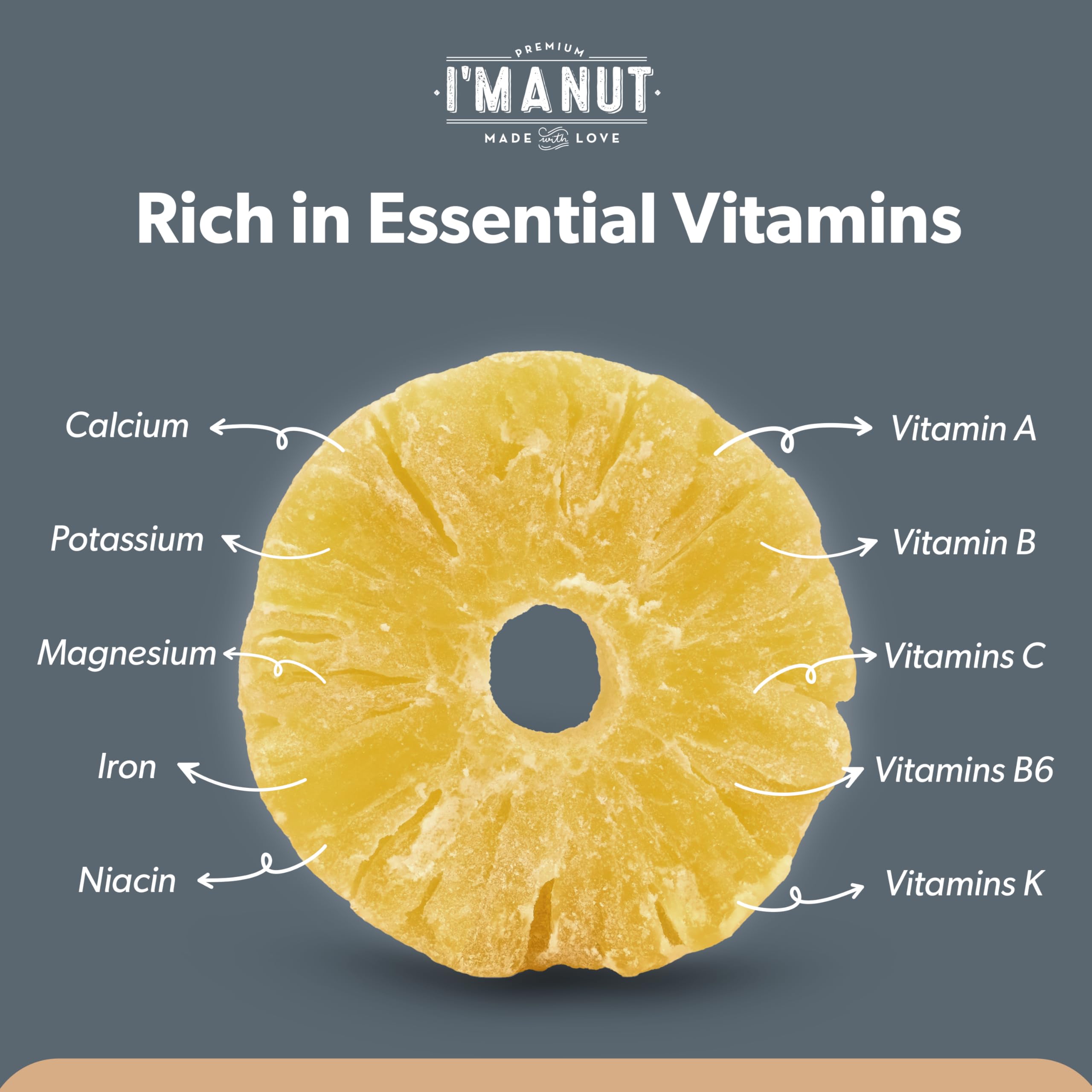 I'm A Nut pineapple chunks non-GMO label closeup, batch-tested for purity and safety.