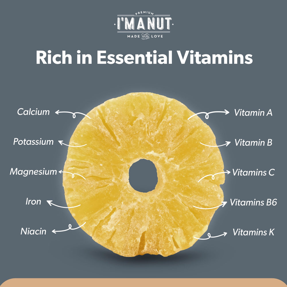 I'm A Nut pineapple chunks non-GMO label closeup, batch-tested for purity and safety.