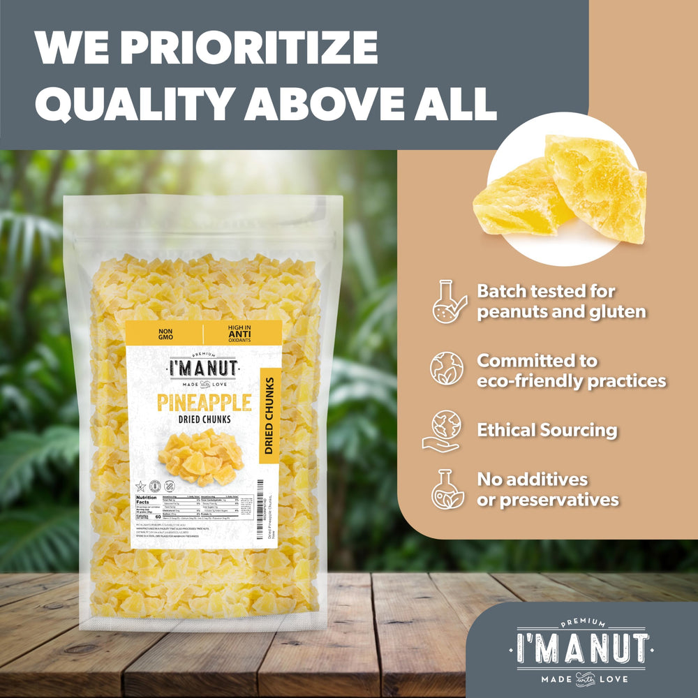 I'm A Nut pineapple chunks product photo with serving plate, perfect for kids' snacks.