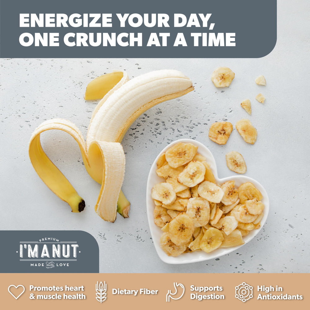 I'm A Nut banana chips close-up, crisp texture and tropical sweetness in every bite.