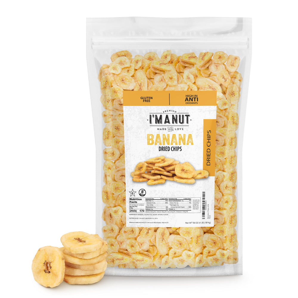 I'm A Nut premium banana chips pack shot, gluten-free and non-GMO, ideal for on-the-go snacking.