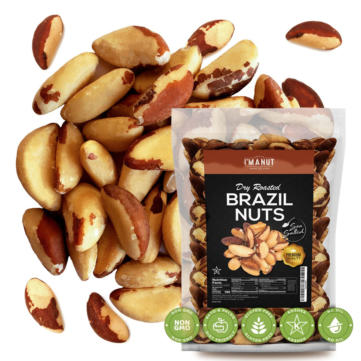 I'm A Nut premium wild harvested Brazil nuts in a resealable bag, perfect for snacking.