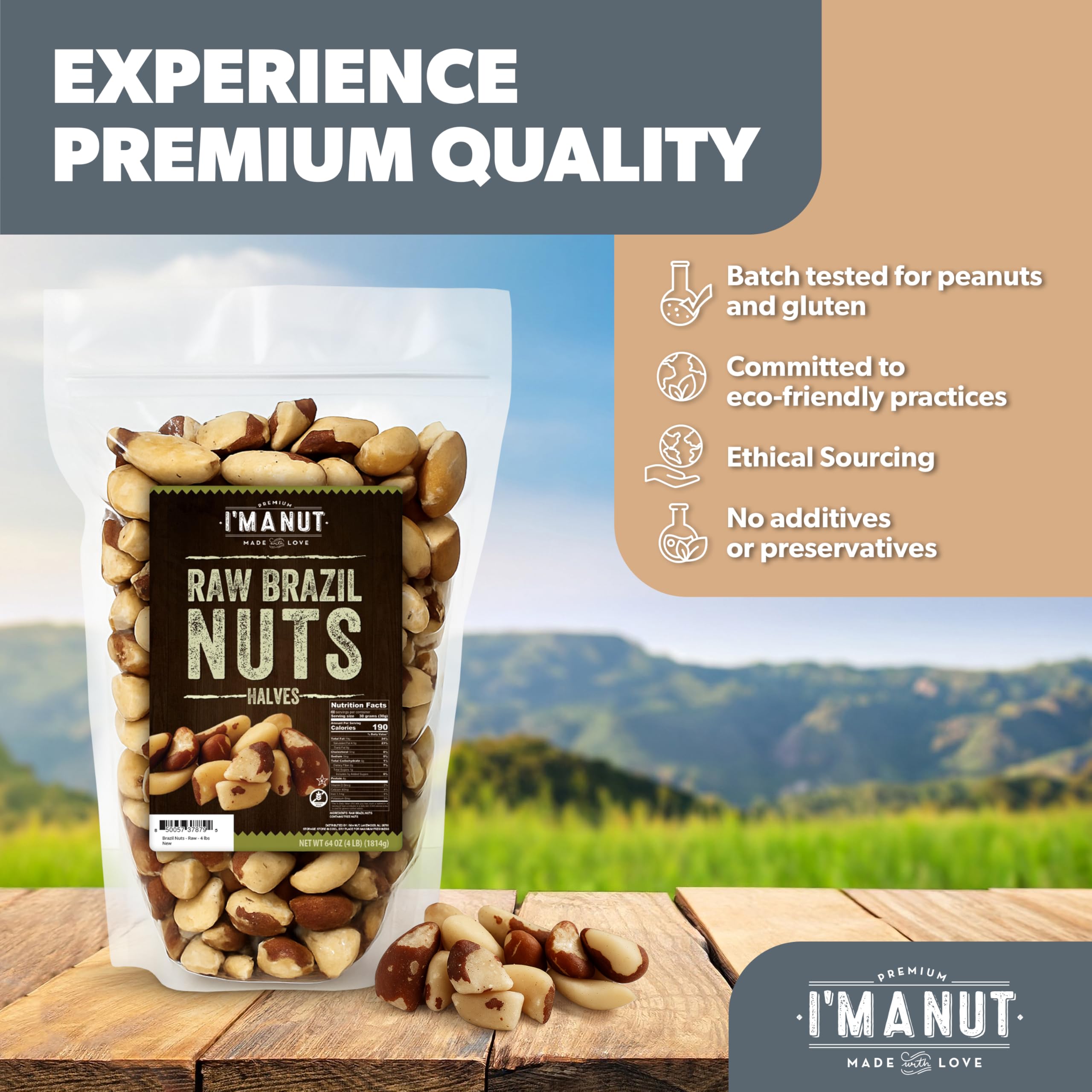 I'm A Nut Raw Broken Brazil Nuts with kosher label indicating quality.