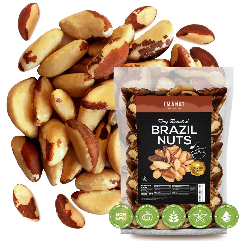 I'm A Nut wild harvested Brazilian nuts in a 1 lb bag with sea salt, ideal snack.