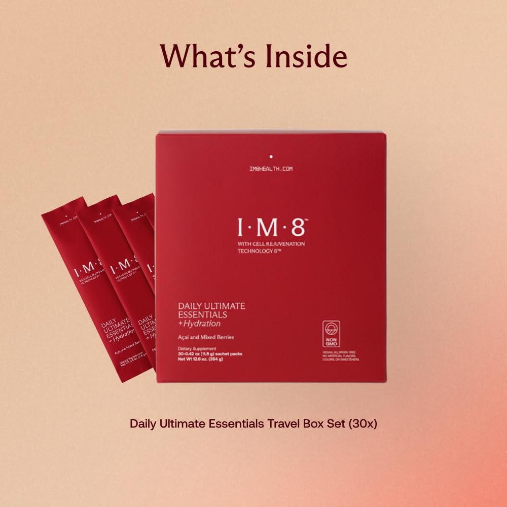 IM8 Daily Ultimate Essentials being poured into a glass for quick daily nutrition