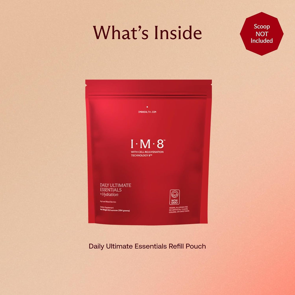 IM8 Daily Ultimate Essentials powder dissolving in water to form a smooth acai berry drink.