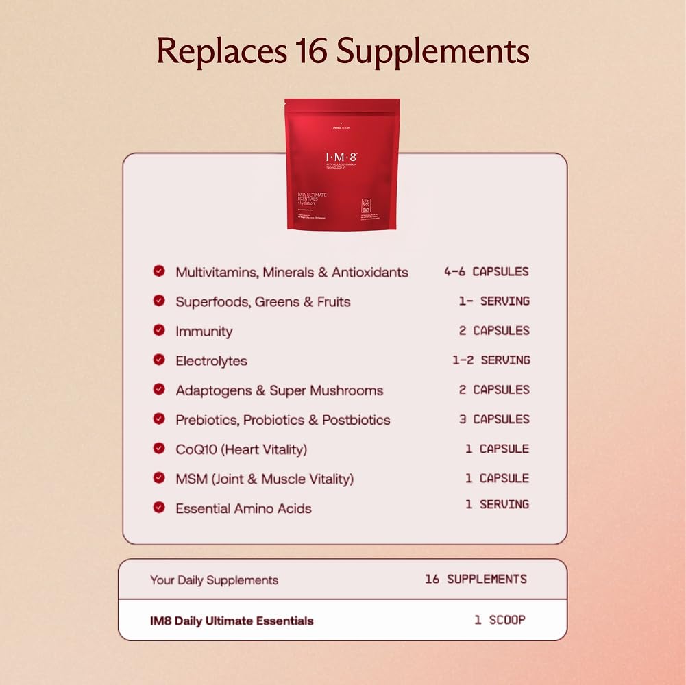 Glass of prepared IM8 drink displays vibrant color and smooth texture.