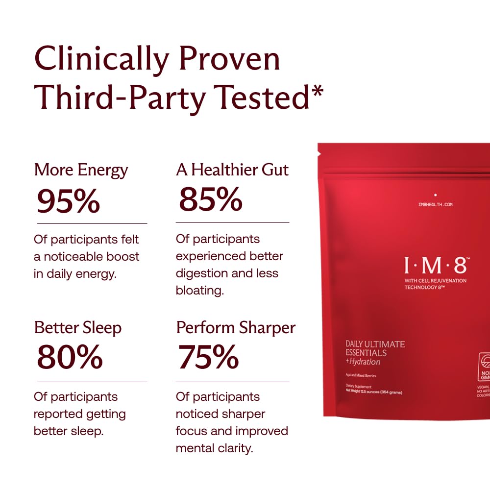 IM8 Daily Ultimate Essentials scoop shows a level 12 g serving for precise dosing.