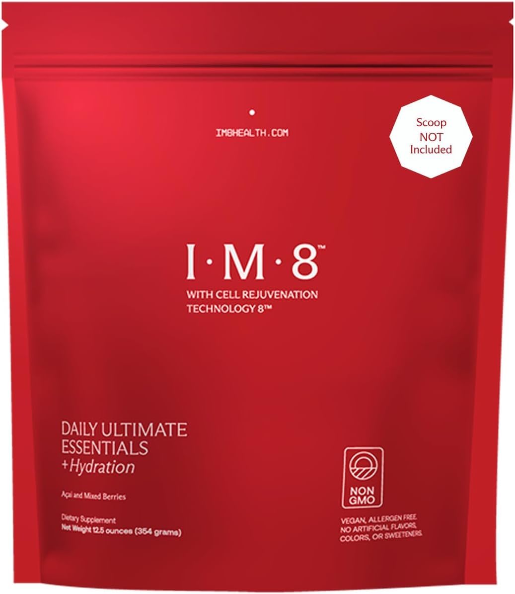 IM8 Daily Ultimate Essentials tub label highlights 92 ingredients for comprehensive daily nutrition.