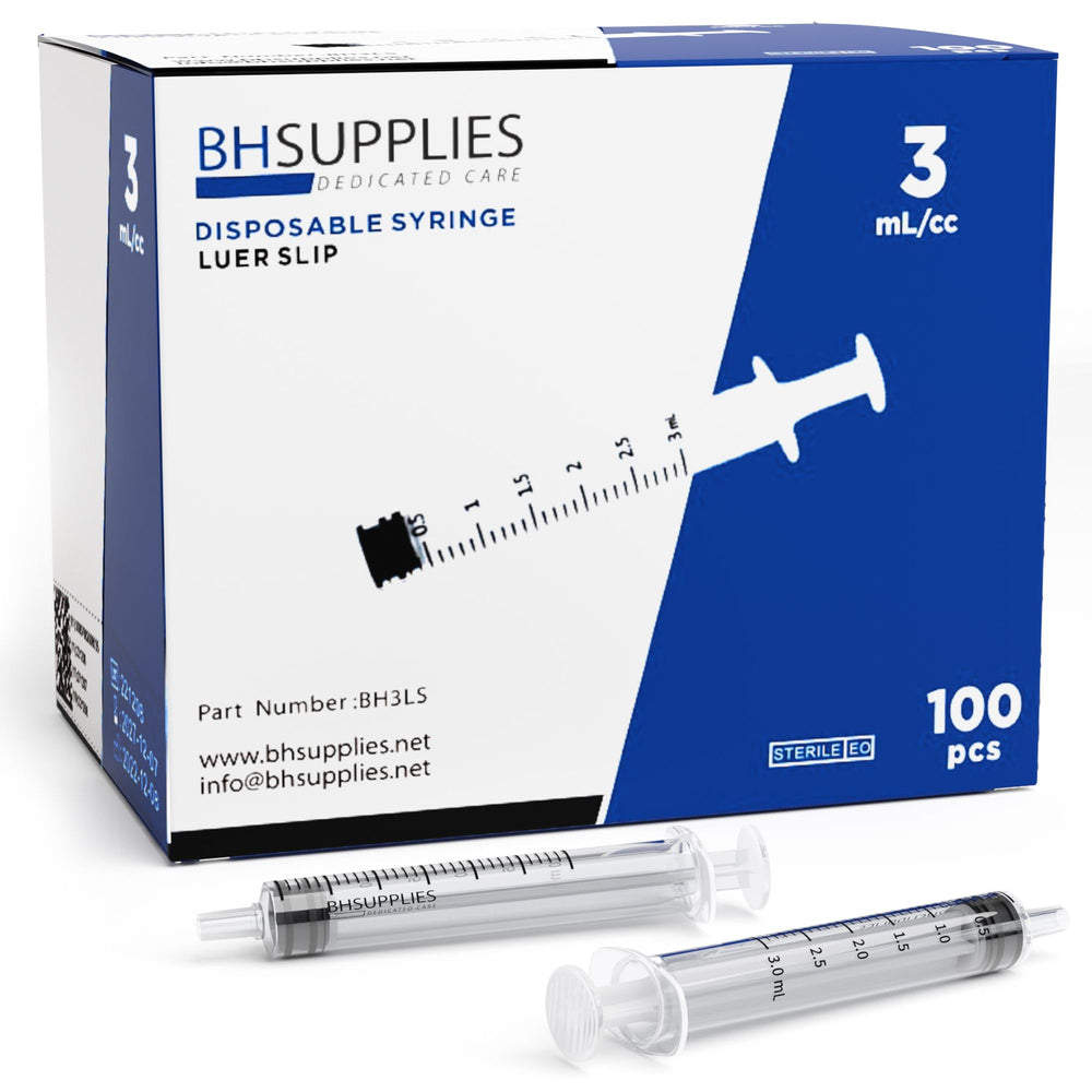 BH SUPPLIES 3ml Luer Slip syringe in box, showcasing sterile packaging for easy use.