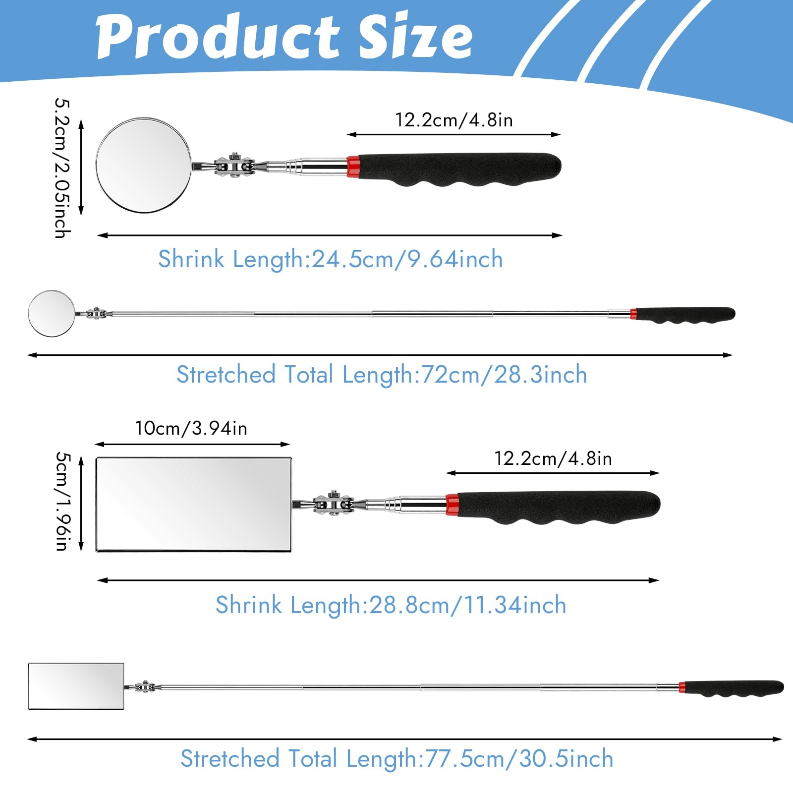 Okxiri 2-Piece Telescoping Inspection Mirror Set – 360° Swivel Round & Rectangular Mirrors for Mechanics & Home Inspections