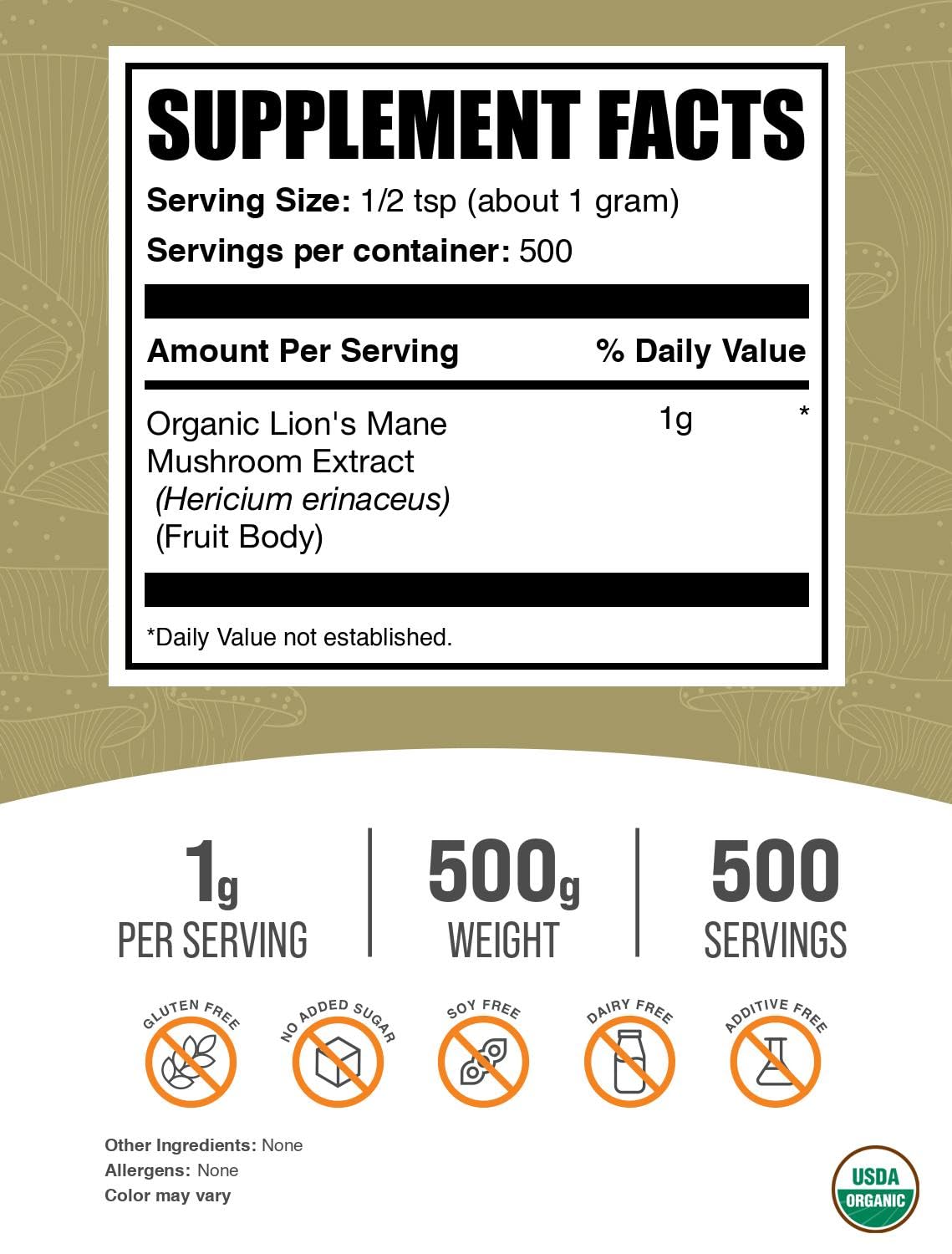 BulkSupplements Organic Lion's Mane Mushroom Extract Powder – Brain Support, 500g (1.1 lbs)
