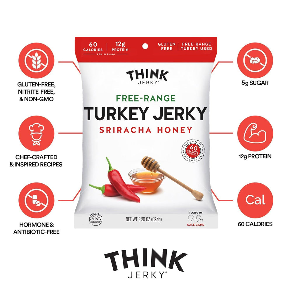 Think Jerky Sriracha Honey 1oz bag, spicy-sweet flavor for on‑the‑go energy