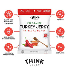 Think Jerky Sriracha Honey 1oz bag, spicy-sweet flavor for on‑the‑go energy