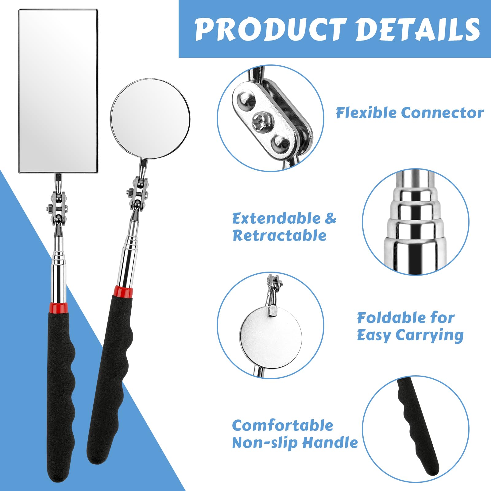 Okxiri 2-Piece Telescoping Inspection Mirror Set – 360° Swivel Round & Rectangular Mirrors for Mechanics & Home Inspections