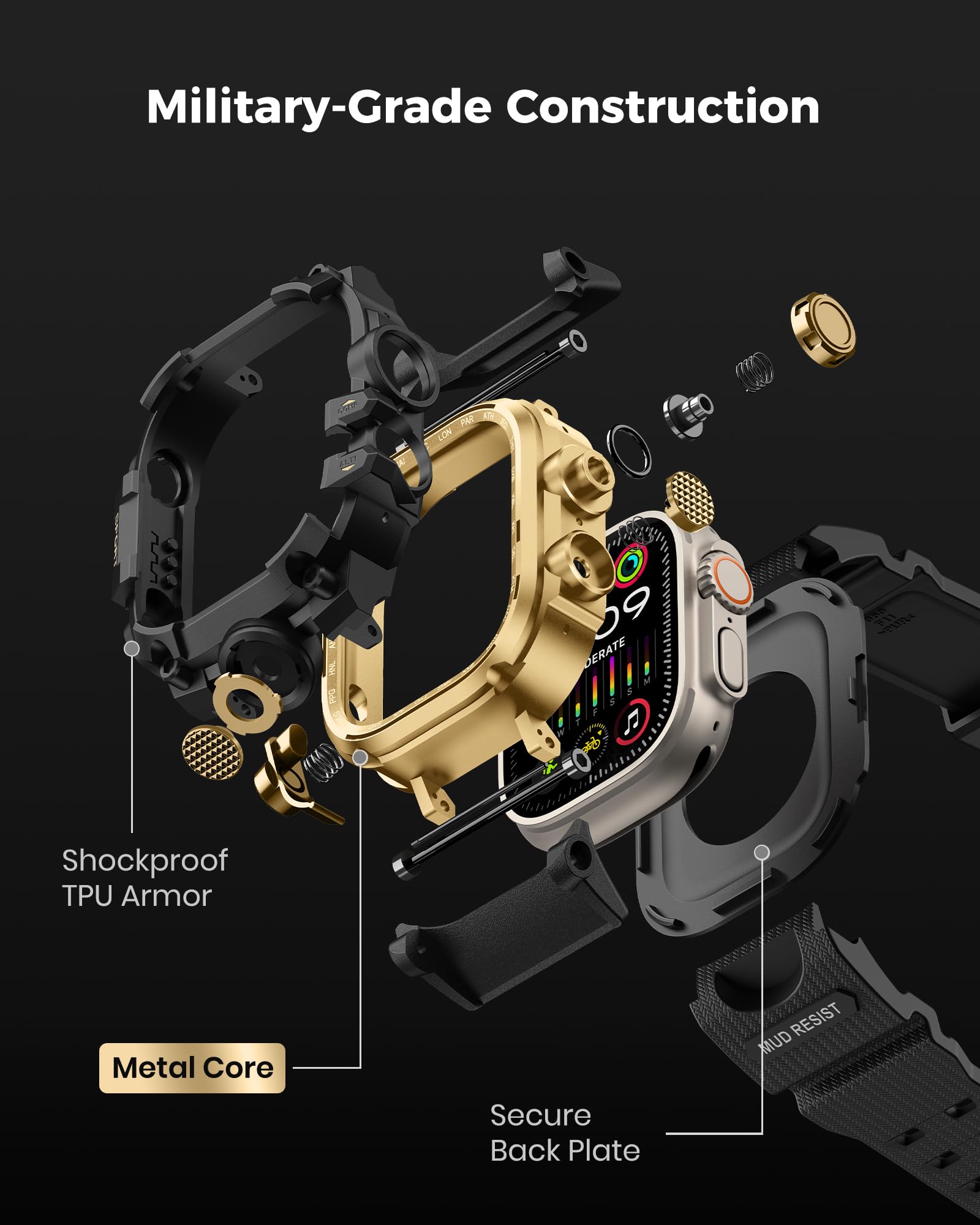 amBand Rugged Case with Band for Apple Watch Ultra 3/2/1 49mm – M3 Military-Grade Shockproof Case + Screen Protector Kit