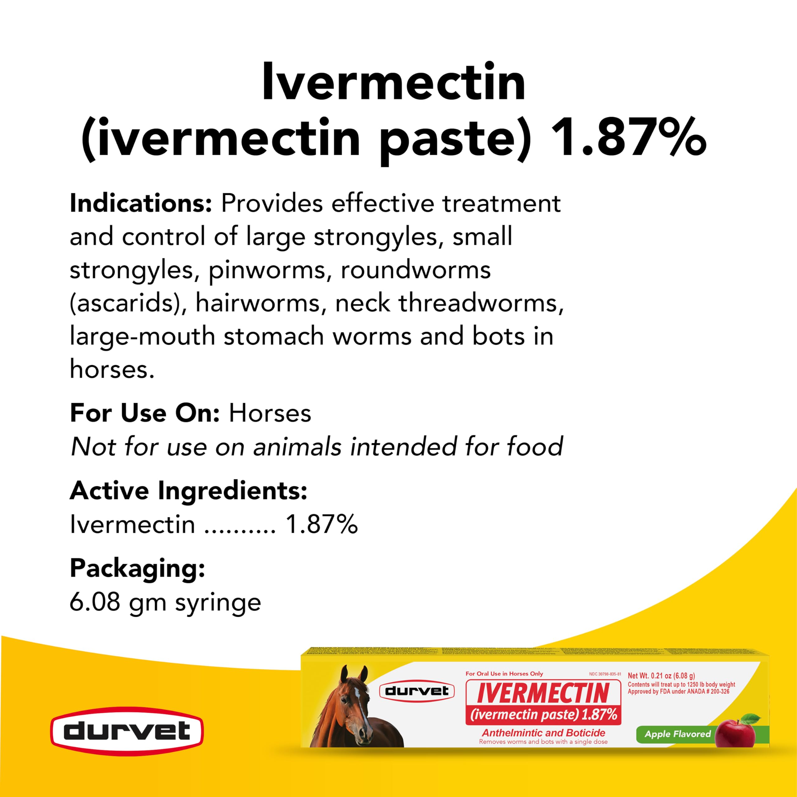 Durvet Ivermectin Paste Dewormer for Horses – 6.08 g Dose, 1.87% Ivermectin, Apple Flavor