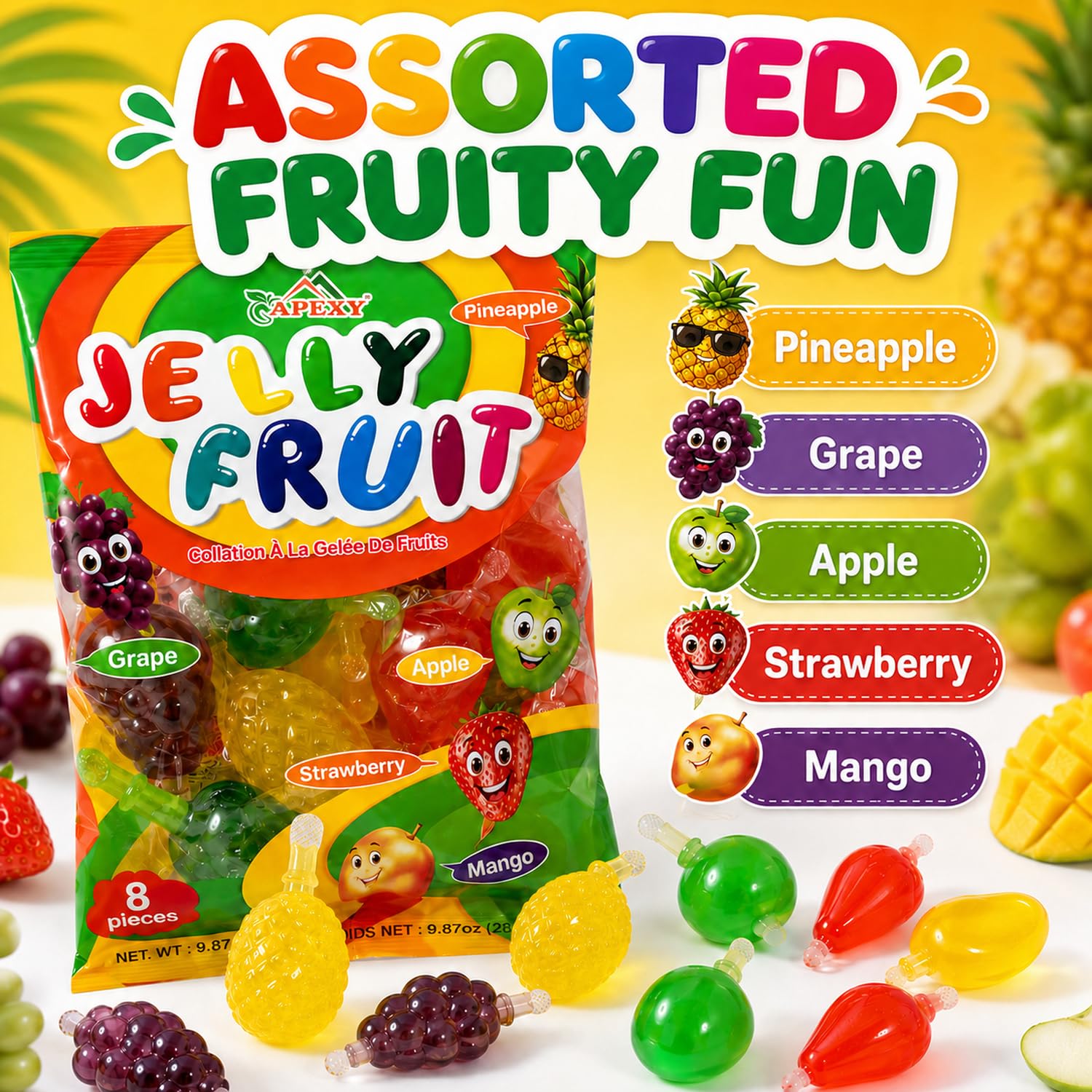 Apexy Jelly Fruit Assorted Jelly Snacks – Strawberry, Mango, Apple, Pineapple & Grape (9.87 oz)