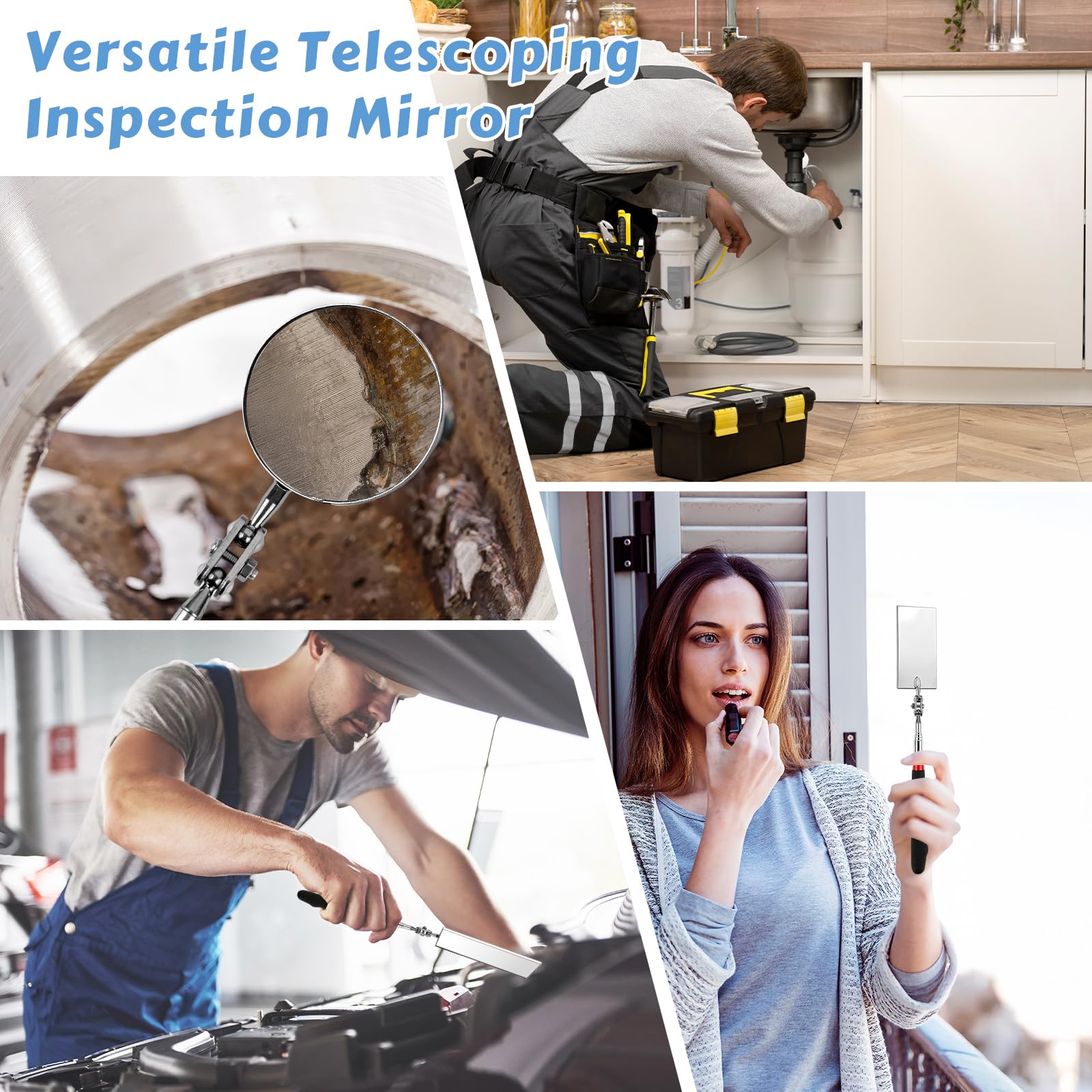 Okxiri 2-Piece Telescoping Inspection Mirror Set – 360° Swivel Round & Rectangular Mirrors for Mechanics & Home Inspections