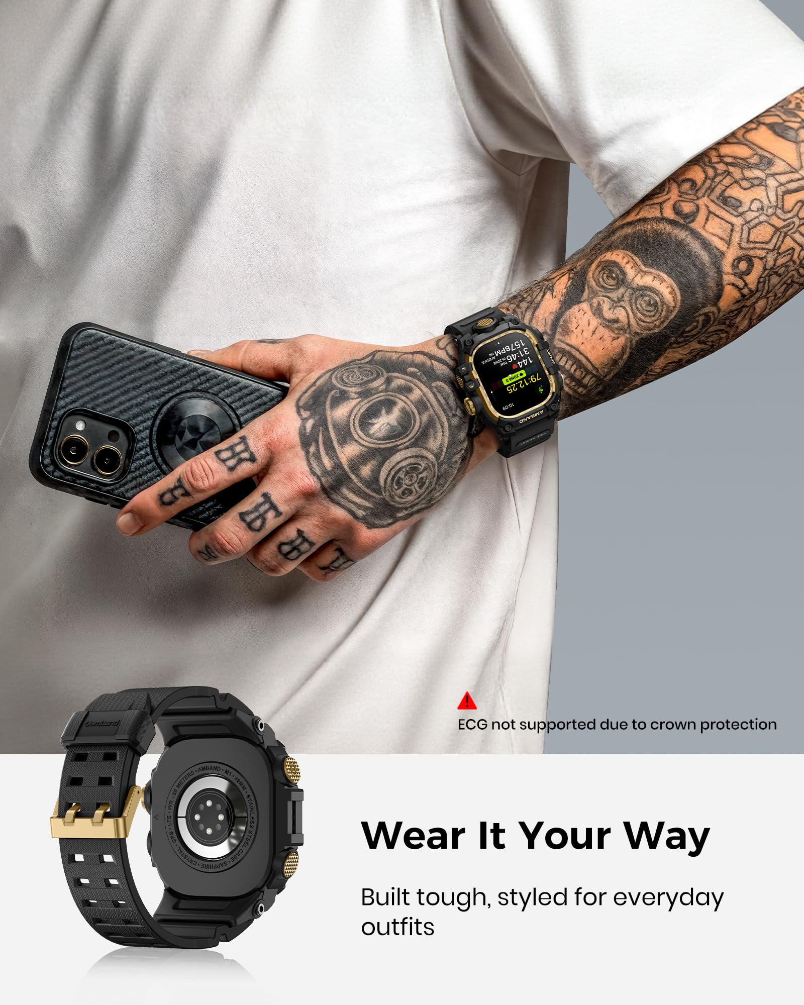 amBand Rugged Case with Band for Apple Watch Ultra 3/2/1 49mm – M3 Military-Grade Shockproof Case + Screen Protector Kit