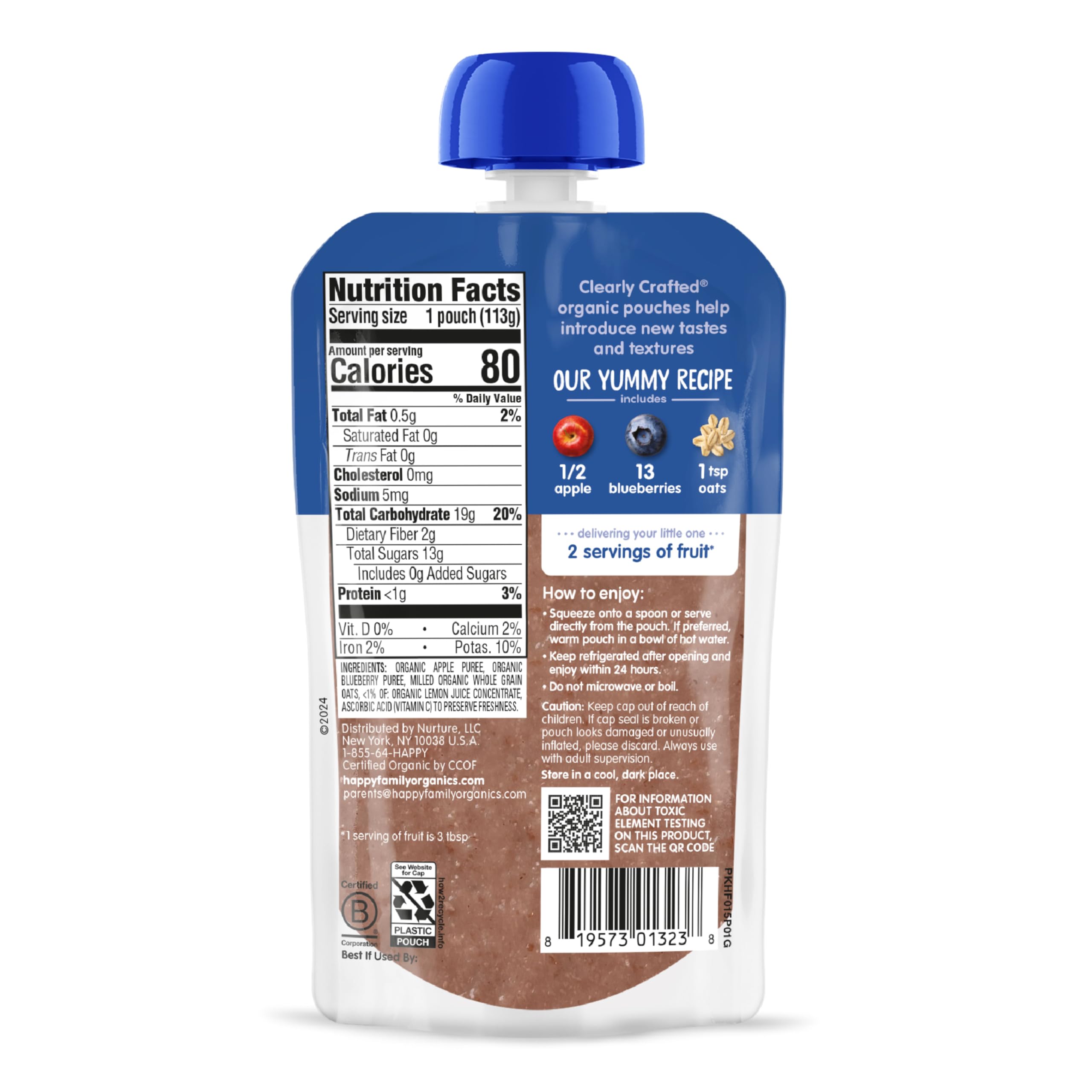 Happy Baby Stage 2 Pouches – Clearly Crafted Apple Blueberry Oats (Gluten Free, Vegan) 4 oz x16