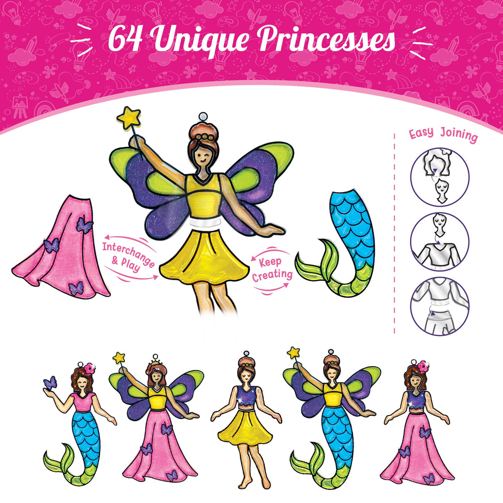 Imagimake Interchangeable pieces enable 64 unique princess combinations for imaginative play.