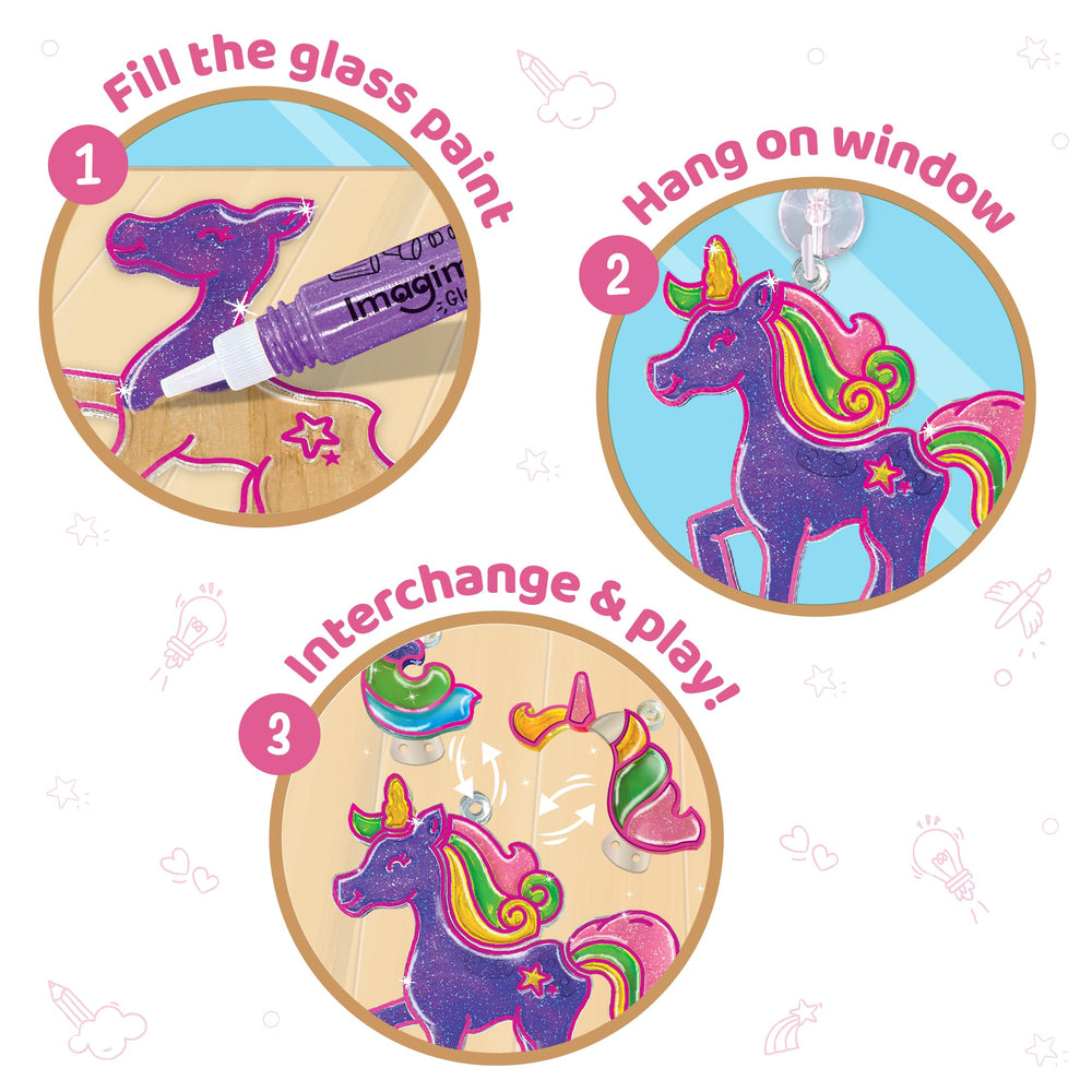 Imagimake Window Art Unicorn interchangeable pieces enable 64 unique suncatcher designs.