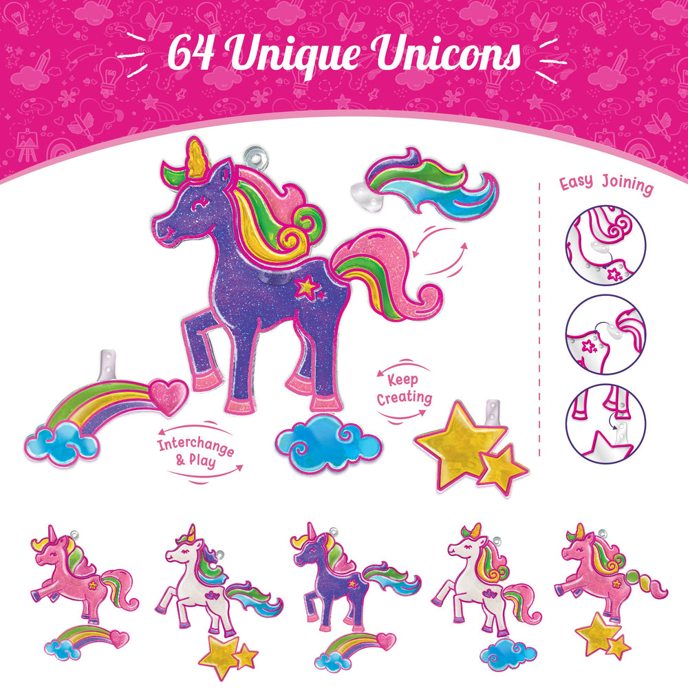 Imagimake Window Art Unicorn suction cups securely hang on windows for display.
