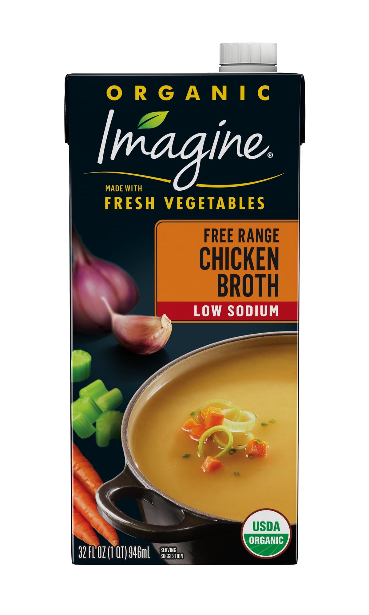 Imagine Organic Low Sodium Free Range Chicken Broth cartons on a shelf for versatile cooking