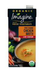 Imagine Organic Low Sodium Free Range Chicken Broth cartons on a shelf for versatile cooking