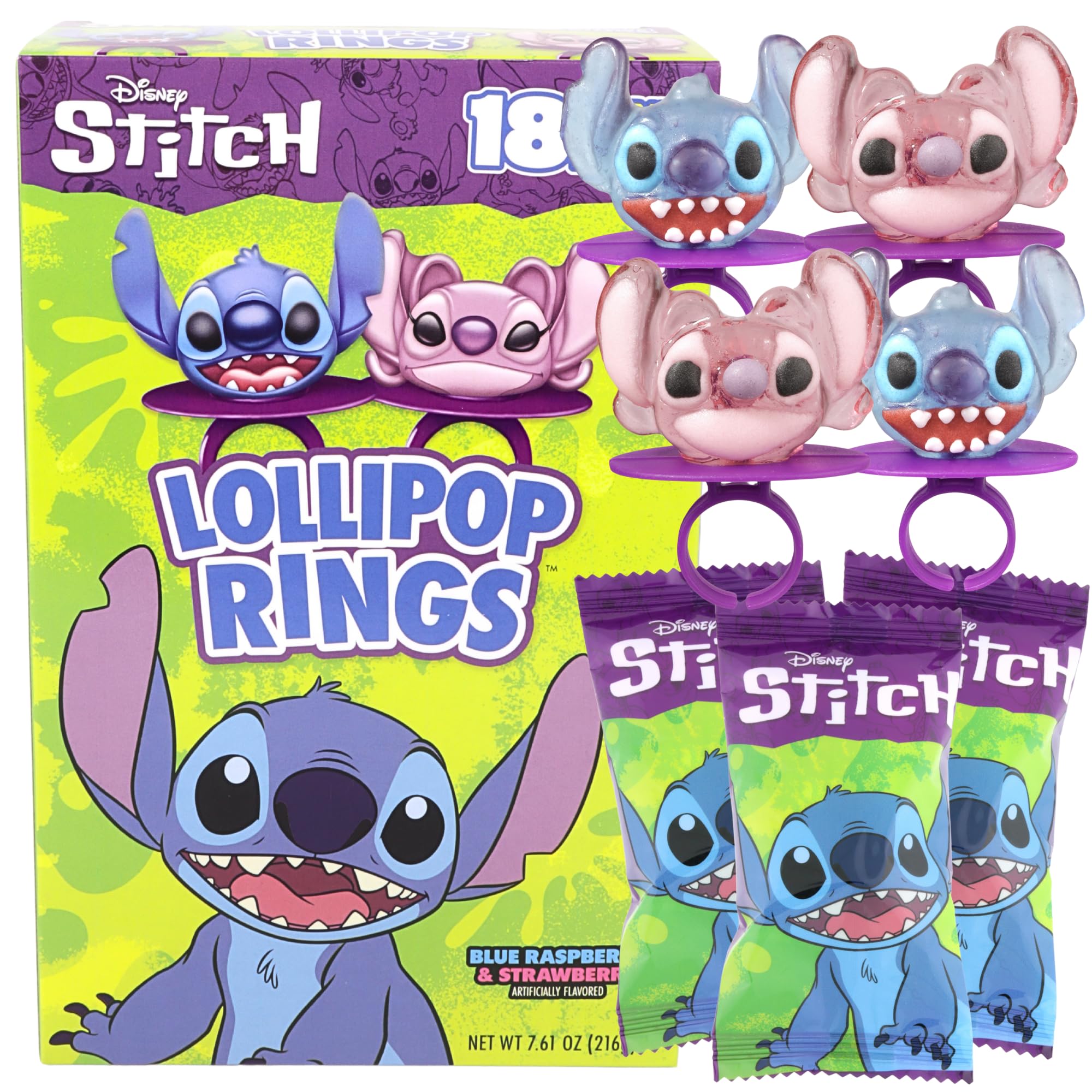 Imaginings 3 box of 18 Lilo and Stitch lollipop rings for party favors and cake toppers.