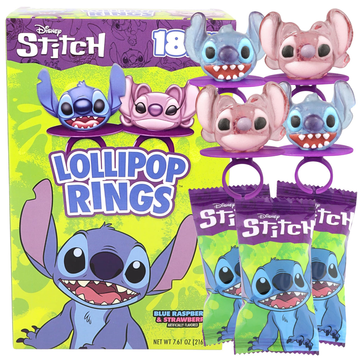 Imaginings 3 box of 18 Lilo and Stitch lollipop rings for party favors and cake toppers.