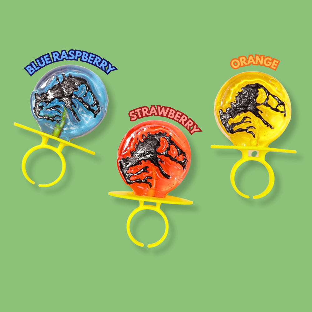 Imaginings 3 strawberry lollipop ring with Jurassic World design, great for classroom exchanges