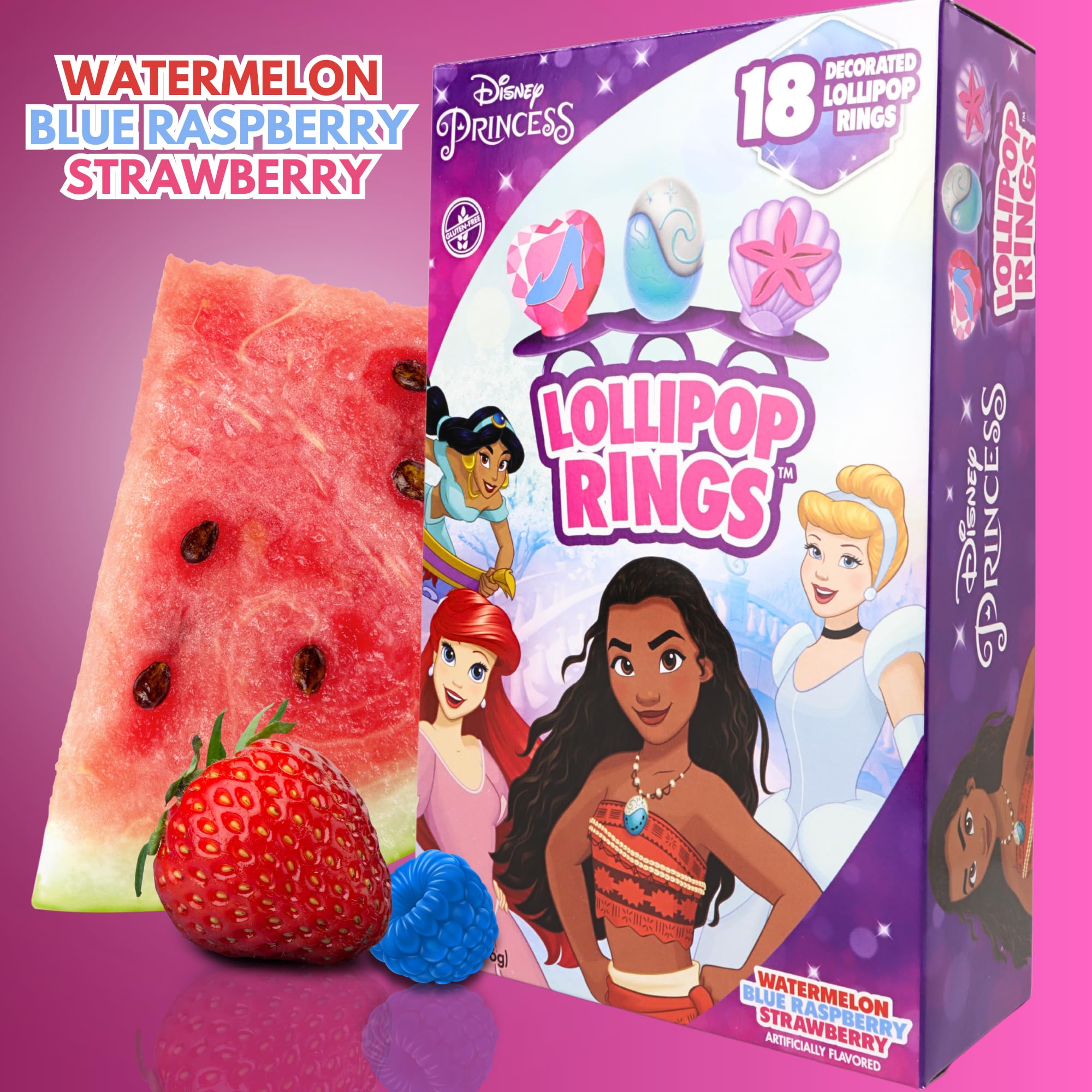 Lollipop ring packaging highlighting watermelon flavor for party displays.