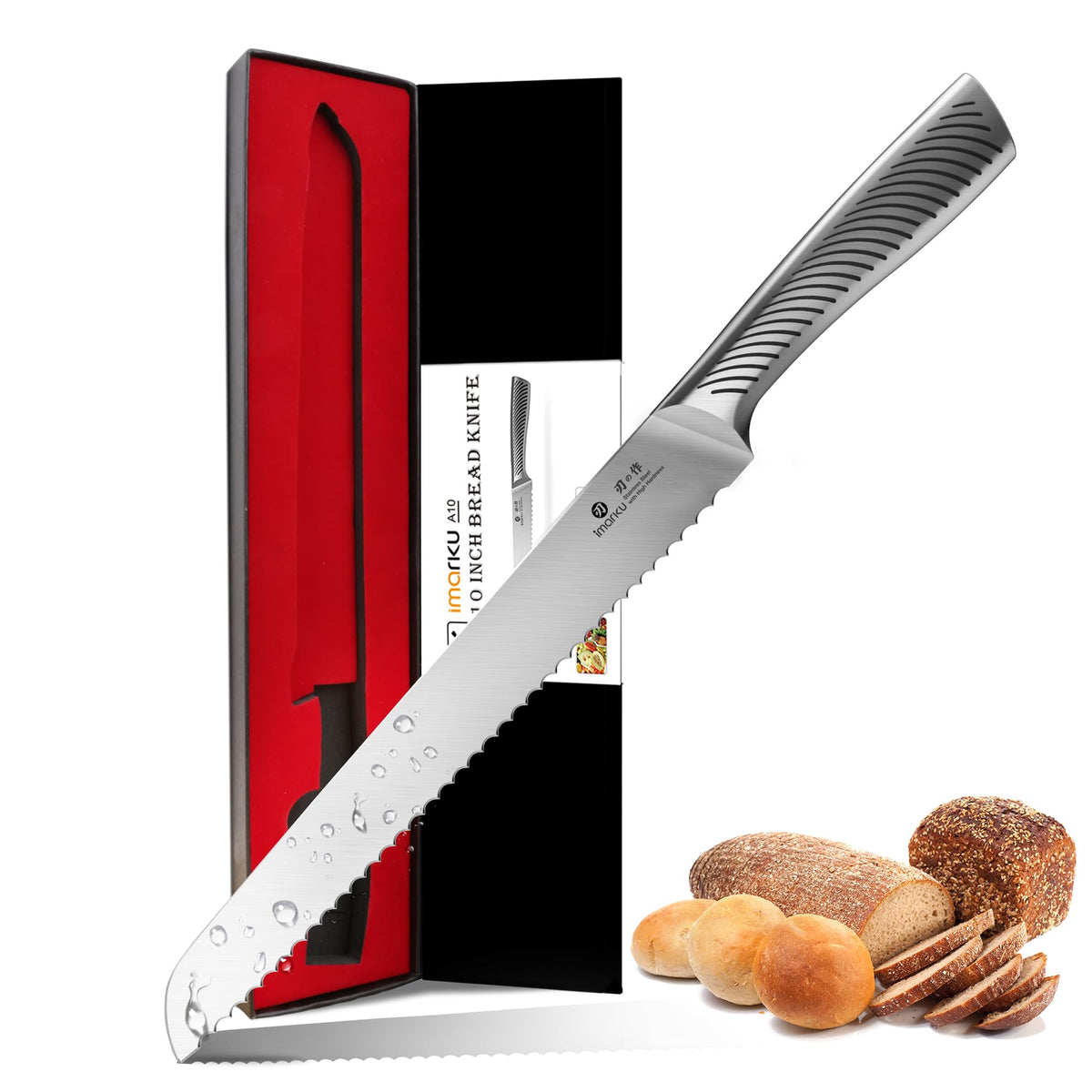 Imarku bread knife 10-inch blade for precise crust slicing and even crumbs.