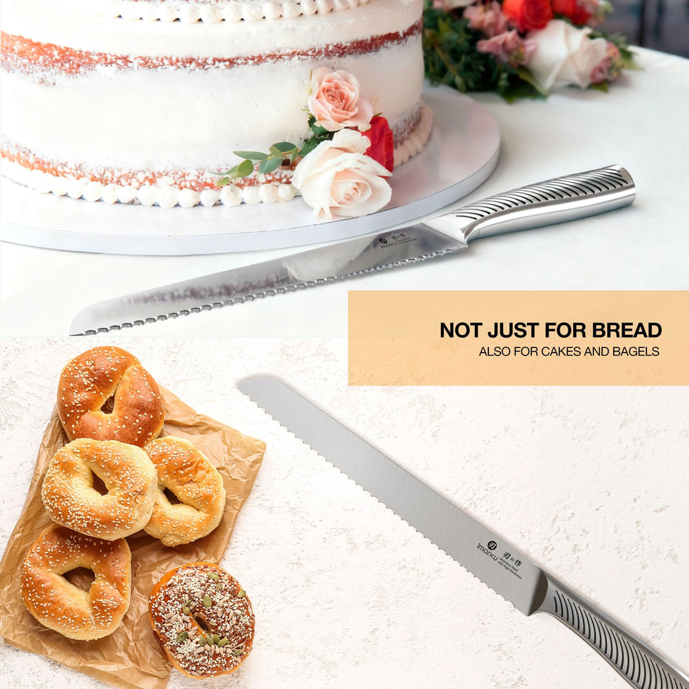 Imarku bread knife laser-etched blade minimizes sticking for cleaner slices.