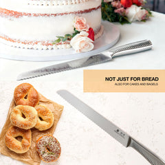 Imarku bread knife laser-etched blade minimizes sticking for cleaner slices.
