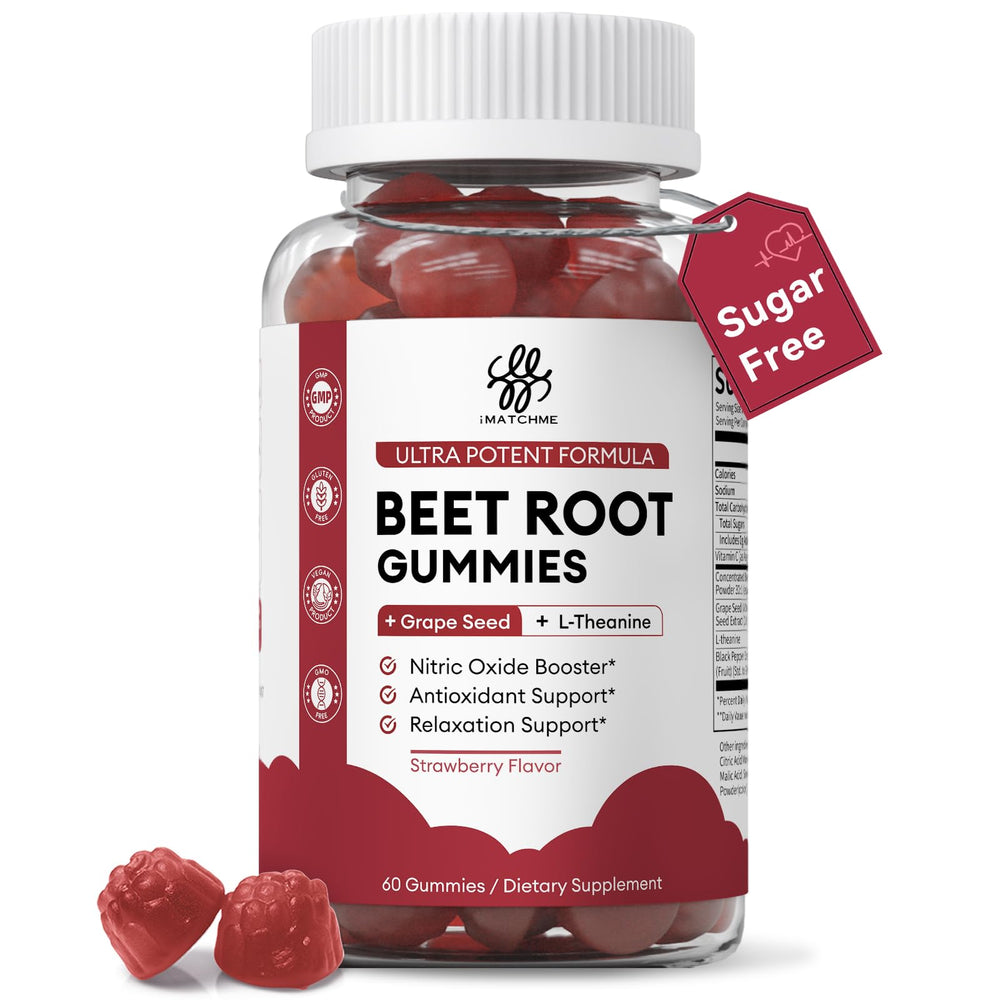 iMATCHME Beet Root Gummies bottle shows a convenient daily wellness option for circulation.