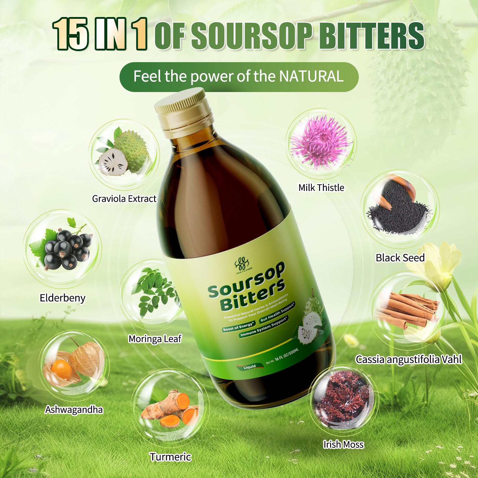 iMATCHME Soursop Bitters Liquid close-up of herbs and soursop ingredients.