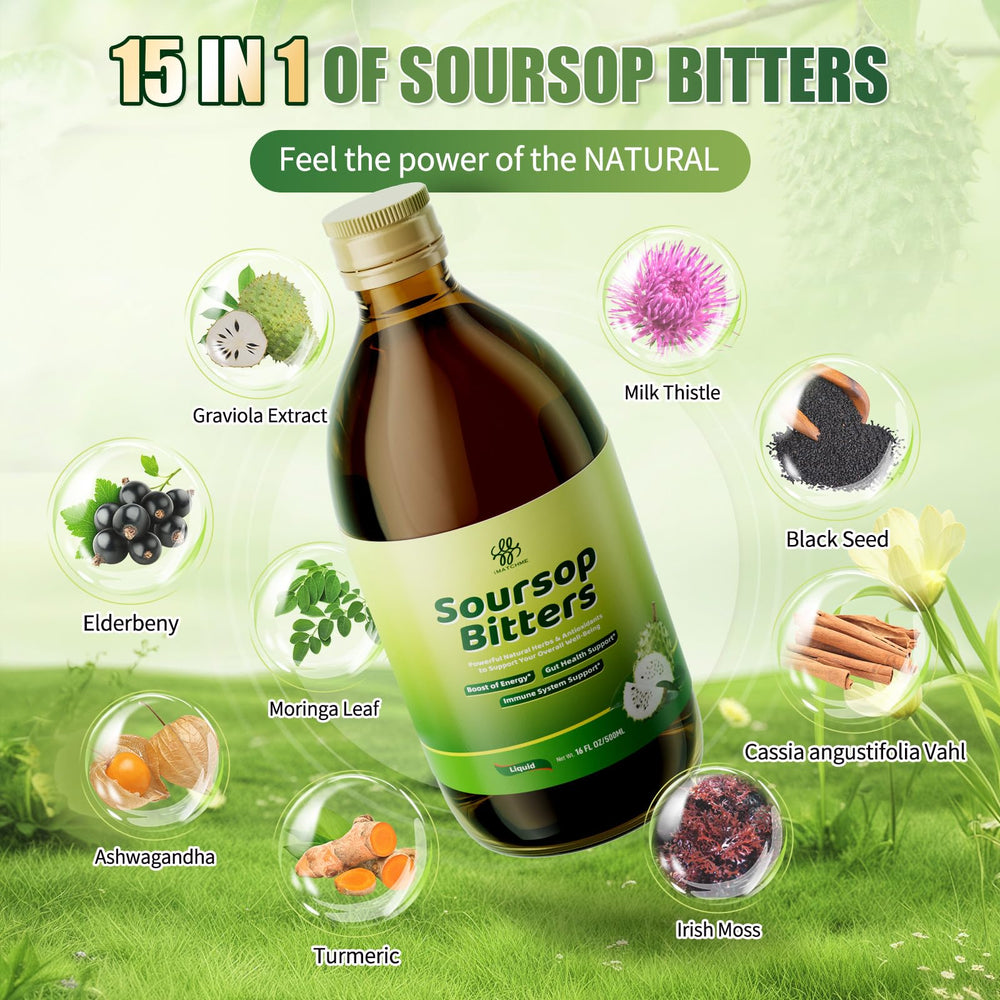 iMATCHME Soursop Bitters Liquid close-up of herbs and soursop ingredients.