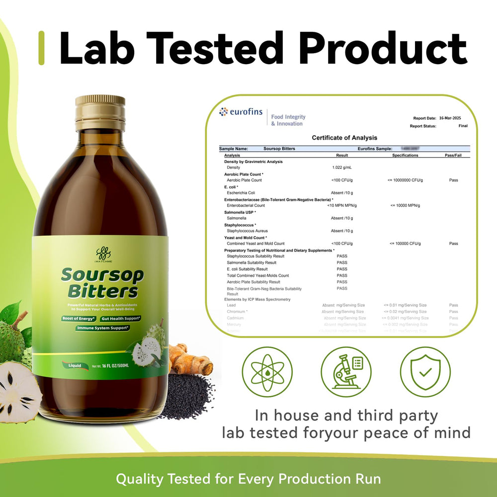 iMATCHME Soursop Bitters Liquid bottle beside moringa leaves.