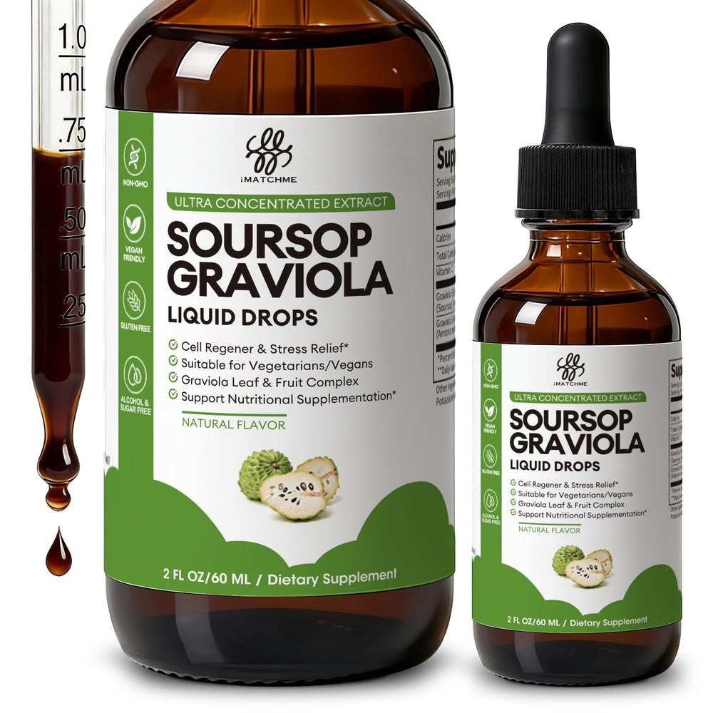 iMATCHME Soursop Graviola liquid drop bottle ready for daily use to support gut health.